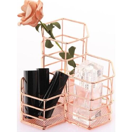 Hexagon combination pen holder, golden iron art container, cosmetic brush container, hexagon tabletop, sundries storage basket
