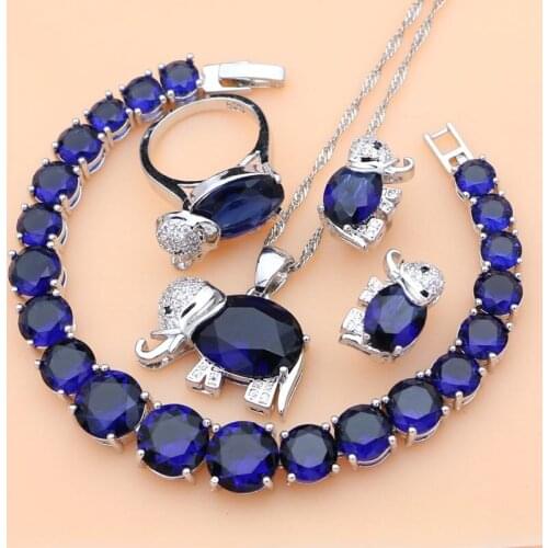 Elephant 925 Silver Bridal Jewelry Sets Blue Zircon White Birthstone For Women Earrings/Pendant/Ring/Bracelet/Necklace Sets