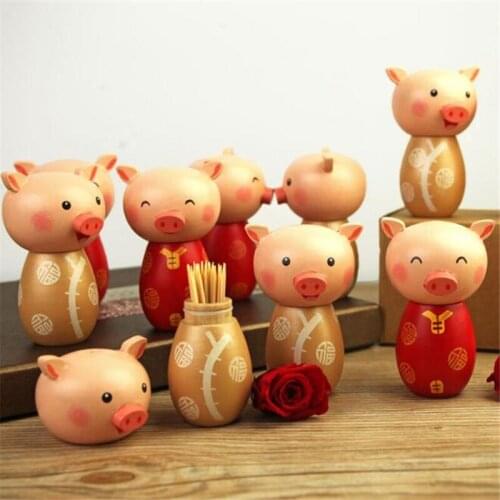Cute Cartoon Little Pig Toothpick Jar Creative Walnut Toothpick Holder Wooden Craft Home Kitchen Tabletop Decorations Supplies