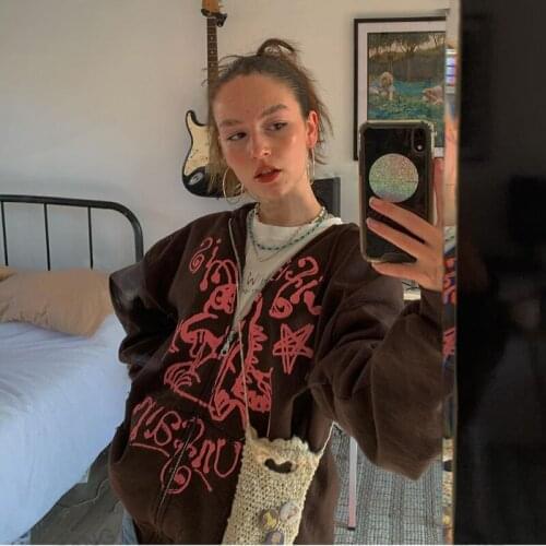 Womens Sweatshirt Full Zip Hoodies,Autumn New Fashion Casual Oversized Long Sleeve Graffiti Print Cardigan Female Clothing