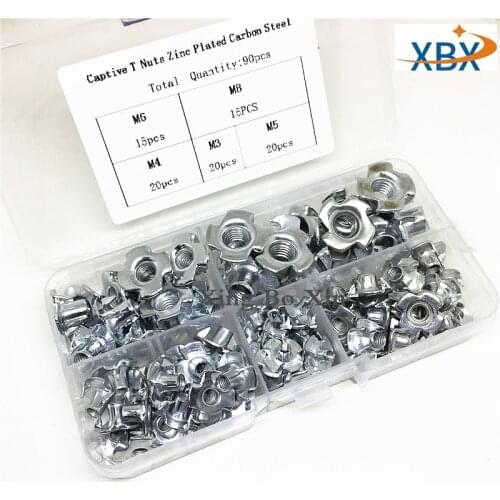 90pcs/set Carbon Steel Four Pronged T Nuts Blind Inserts Nut M3 M4 M5 M6 M8 Nuts Fastener Hardware for Wood Furniture