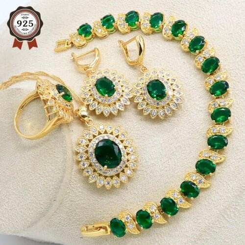 Green Sunflower Gold Color Bridal Jewelry Set for Women Classic Bracelet Earrings Necklace Pendant Ring Birthday Gift