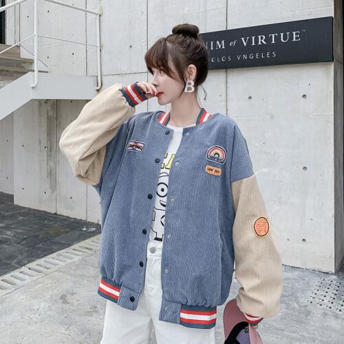 Japanese Sweet Harajuku Loose Women Baseball Uniform Jacket Autumn Winter Corduroy Fashion Splicing Long Sleeve Epaulettes Tops