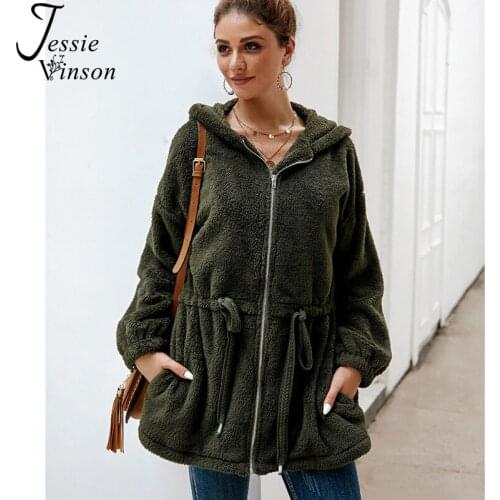 Jessie Vinson Warm Fuzzy Fleece Hooded Jacket Women Winter Zipper Drawstring Teddy Jacket Coat Female Casual Autumn Outwear