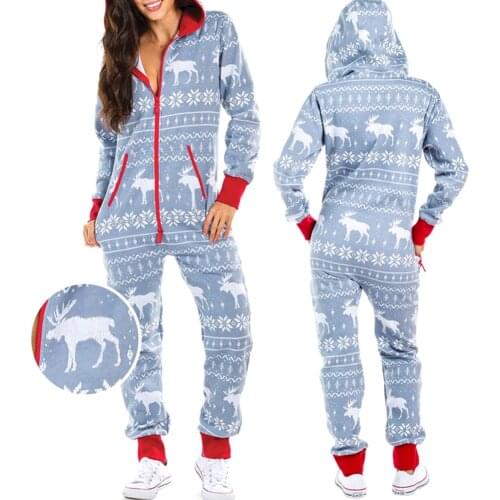 Plus Size Womens Christmas Long Loose Pajamas with Hood Colorful Adult Casual Printed Santa Cozy Jumpsuits S-XXL