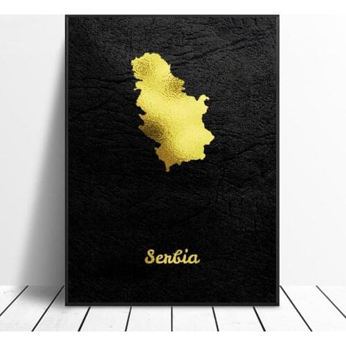 Golden Map Serbia Canvas painting Wall Art Print Modern Poster Wall Pictures Living Room home Decor with frame