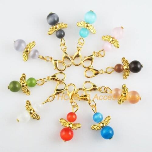 10 New Angel 16x26mm Charms Mixed Ball Stone Gold Color Retro With Lobster Claw Clasps