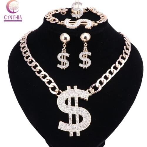 Africa Nigeria Dubai Wedding Jewelry Sets Gold Color Dollar Sign Necklace Earring Bracelet Ring Charming Women Party Jewelry Set