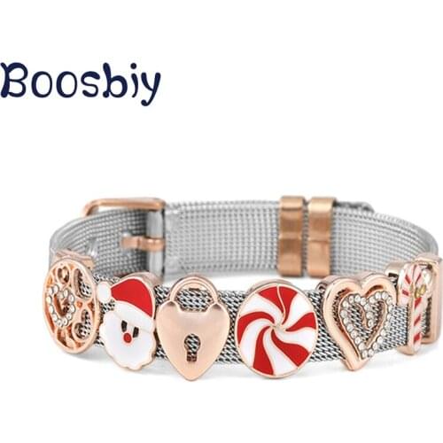 New Christmas Style Cute Santa Claus Slide Charm Beads Fit 10mm Stainless Steel Mesh Bracelet DIY Fashion Jewelry Gift for Women