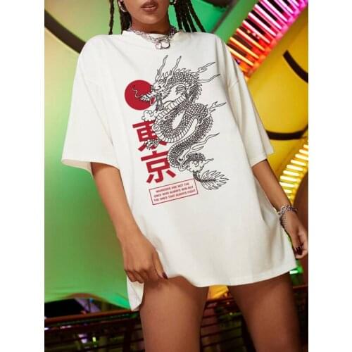 Oversized T-shirt Harajuku Chinese Dragon Print T-shirt Women Casual Short-sleeved Streetwear Tops Women T-shirt Summer Clothes