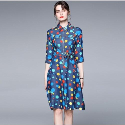 JSXDHK Vestidos New Spring Summer Denim Dress Fashion Women Colour Polka Dot Print Zipper Turn Down Collar Cowboy Sashes Dresses