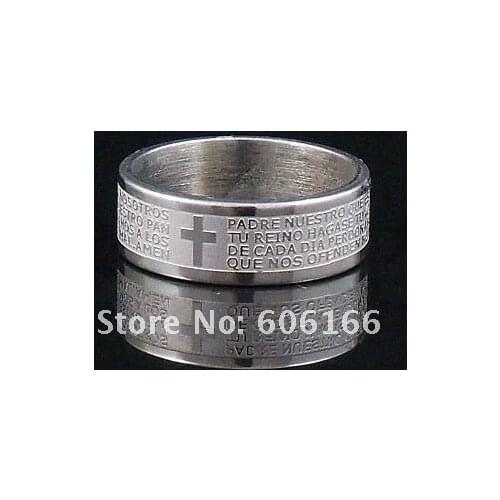 30x 8mm Silver Tone Etched Spanish Bible Lords Prayer Cross Ring Stainless Steel Rings Fashion Religious Jewelry Wholesale