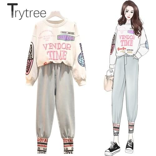 Trytree 2020 Autumn Winter Two piece set Casual Character Printing Top + Pants Elastic Waist Colored Hem Fashion 2 Piece Set