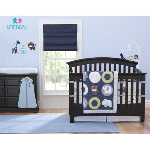 Newborn Baby Bed Bumpers Blue Cute Cartoon Zoo Embroidery Baby Boys Bedding Sets 100% Cotton Soft Baby Bed Sheet Quilt Bedskirt