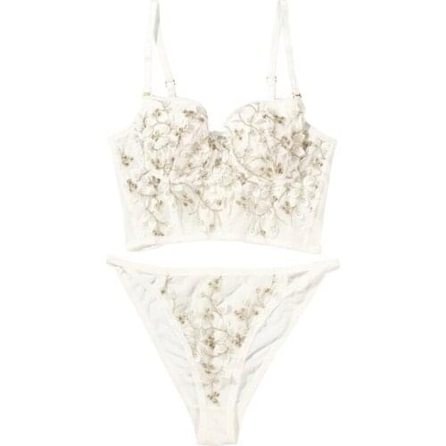 Women Embroidered Floral Applique Lingerie Set Push Up Underwire Bustier Corset Bra and Low Waist Panty 2 Pieces Sexy Sheer Mesh