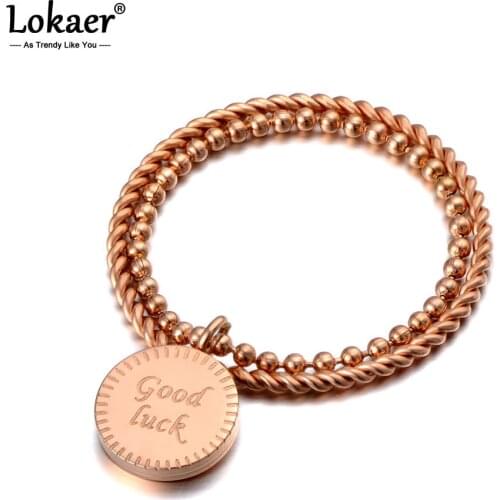 Lokaer Trendy Stainless Steel Good Luck Rings For Women Girls Bohemia Style Rose Gold Double Circle Charm Ring Jewelry R19127