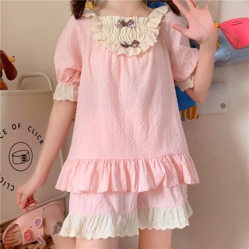Sweet Kawaii Casual Pink Women Pajamas Summer Soft Girly Home Service Refreshing Bow Cotton Lace Gauze Woman Clothing Lady Set
