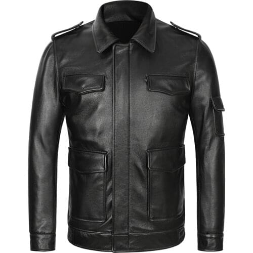 Mens Genuine Cowhide Coat Top Layer Cowhide Lapel Pilot Jacket Multi Pockets Motorcycle Leather Jacket