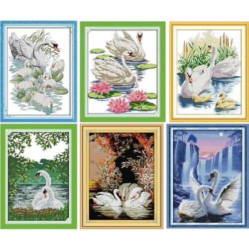 Joy Sunday Counted Cross Stitch Kit Swan Mother and Her Son Patterns Canvas Print 11CT 14CT Stamped Fabric Needlework Embroidery