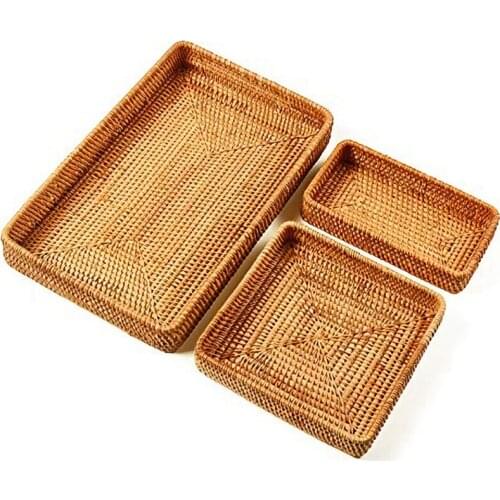 Set Of 3 Handmade Rattan Rectangle Serving Tray Wicker Serving Organizer Tabletop Fruit Platter
