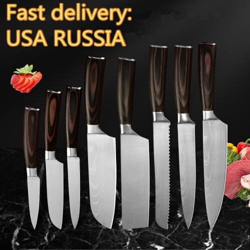 Chef Kitchen Knives Set Damascus Pattern Veins Blade 8'' Bread 7'' Santoku Chopping 5'' Utility Knife Cover Sheath Sowoll
