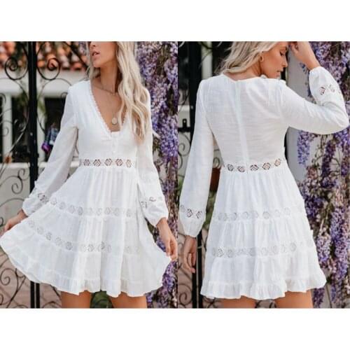 Autumn Women Above Knee Mini Casual Loose Fashion Lace Stitching High Waist V-neck Long Sleeve Dress M6180