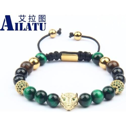 Panther Bracelet Leopard with Green Tiger Eye Stone Rope Chain Fashion Jewelry Ailatu New Hand-Made Present, Gift, Accessories