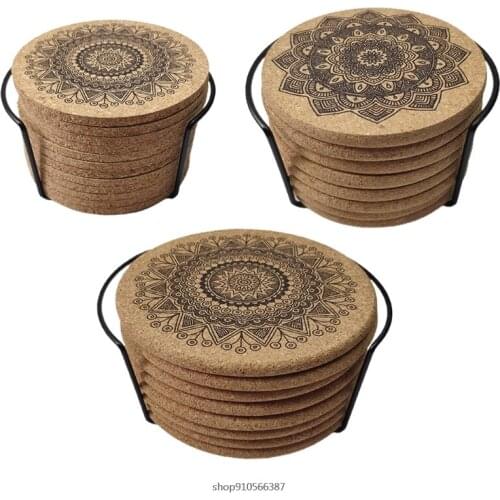 1Set Nordic Style Mandala Pattern Round Cork Coasters with Holder Stand Rack Wooden Drink Absorbent Mat Table Glass Cup Dropship