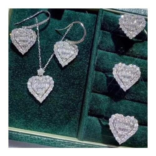 Cute Heart 925 Sterling Silver Jewelry Set with Bling Diamond Long Chain Necklace Ring Drop Earrings for Women Fashion Jewelry