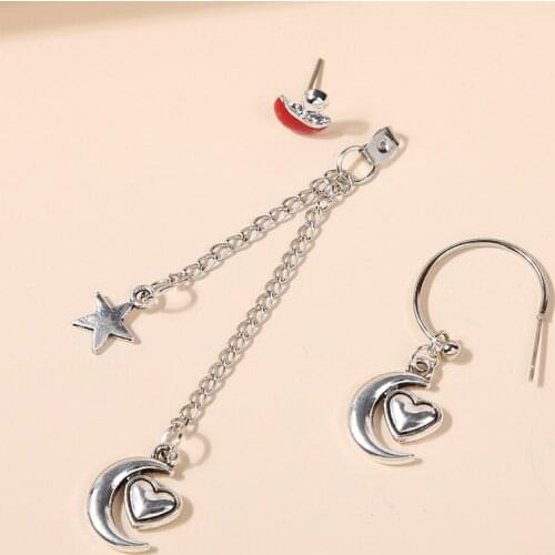 Cute Red Enamel Mushroom Drop Earrings For Women Fashion Moon Heart Pendant C Shape Chain Metal Asymmetrical Dangle Earring
