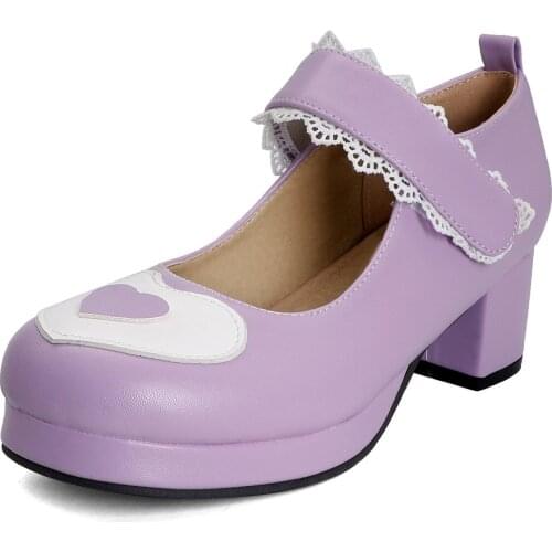 Omantic Heart Shaped Girls Lolita Mary Janes Shoes White Purple Med Heels Hook Ruffles Dress Party Cosplay