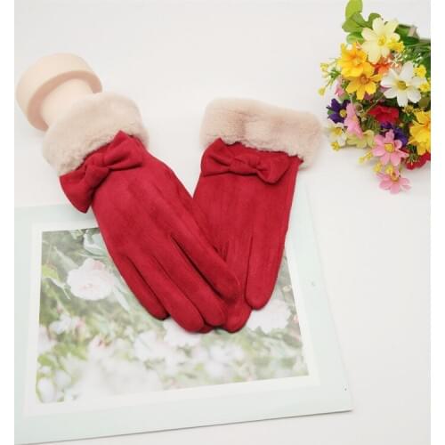 Ladies Suede Bow Gloves New Autumn Winter Bow Gloves Cute Rex Rabbit Fur Touch Screen Warm Fashion Thickening Cycling Gloves
