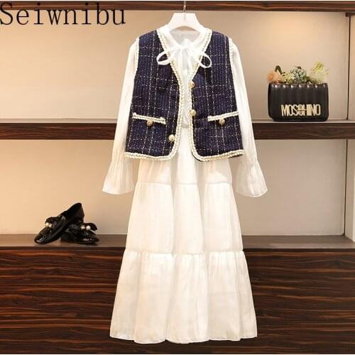 New Office 2 Piece Set Runway Women Vintage Bow Collar Long Sleeve White Dress + Tweed Open Stitch Classical Vest Two Piece Set