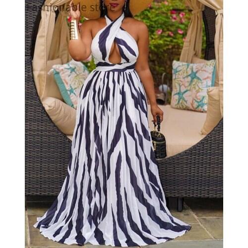 Women Halter Print Sleeveless Hollow Backless Ruched Maxi Dress