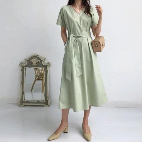 2021 Summer New Korean Sexy V-neck Simple Green Casual Loose Belt Dress Temperament Versatile Women Shirt Dress Free Shipping