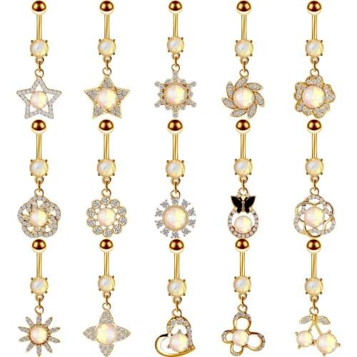 1Piece Opal Flower Belly Button Ring 14G Cute Belly Ring Crystal Sexy Navel Piercing Ring Dangle Fashion Body Piercing Ombligo