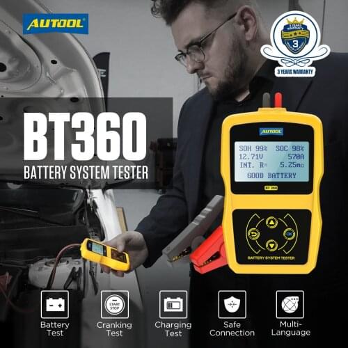 AUTOOL BT360 12V Car Battery Load Tester Analyzer Cranking Charging Automotive Scanner Tools Test Multi-lingual Multi-Functions