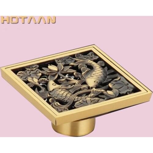 Free Shipping High Quality Antique Brass Carved Flower Art Bathroom Accessory Floor Drain Waste Grate100mm*100mm YT-2109