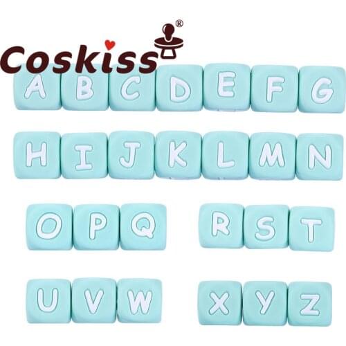 Coskiss 100pcs 12mm 26 Letters Beads Food Grade Silicone Letter Beads Silicone Chewing Beads Necklace Teething Baby Toys