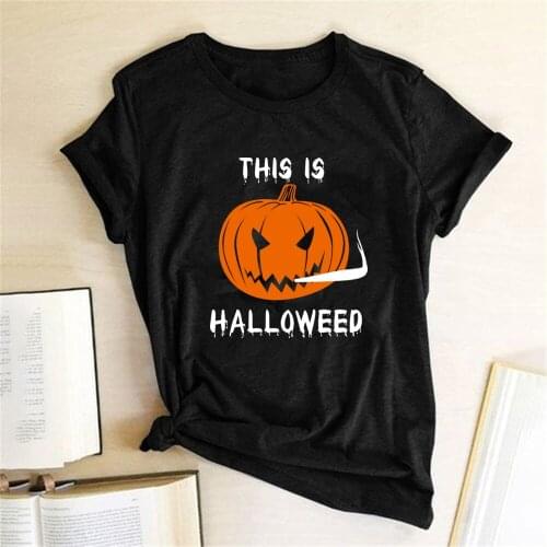 This Is Halloweed Smoking Pumpkin Print T-shirts Women Summer Graphic Tee Streetwear Shirts for Women Loose Short Sleeve Clothes