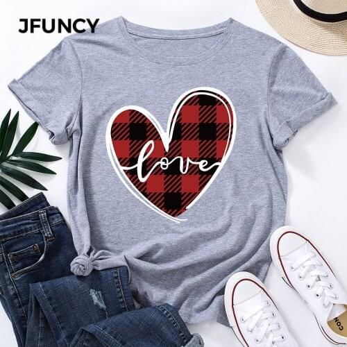 JFUNCY Plus Size 5XL Women T-shirt Plaid Love Letter Graphic Print Tees Short Sleeve Woman Tshirt Summer Cotton Female Tops