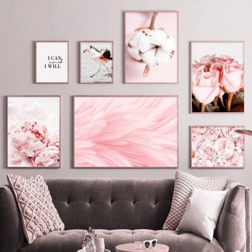 Pink Feather Peony Flower Flamingo Cotton Canvas Painting Nordic Posters And Prints Wall Art Pictures For Living Room Home Decor