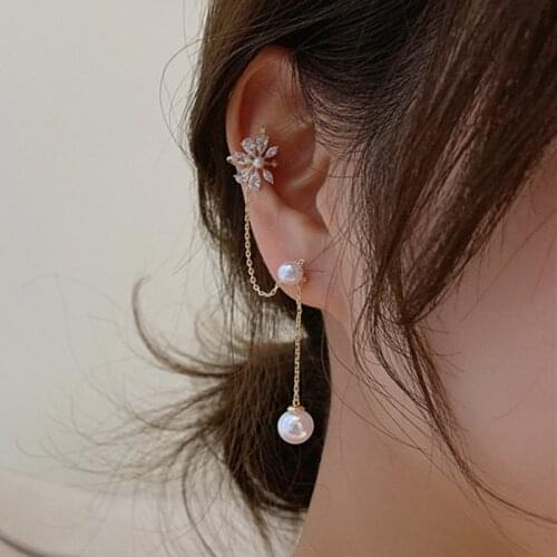 Korean Gold Crystal Flower Earcuff Long Chain Tassel Pearl Earcuff Fake Piercing Earrings for Women Girls Fashion Jewelry