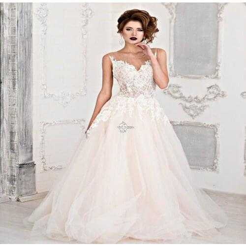Scoop Neck Lace Top A line Wedding-Dresses White Ivory Beautiful Wedding-Dresses Tulle Vestido De Noiva Court Train