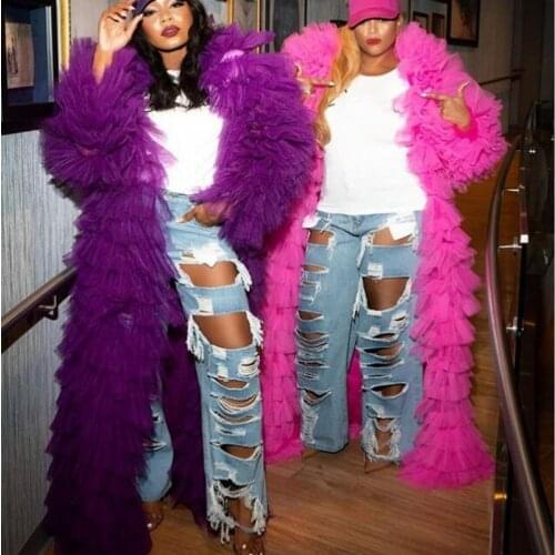 Fashion Hot Pink Women Jacket Puffy Tulle Custom Made Tiered Long Sleeve Women Jackets Party Wear