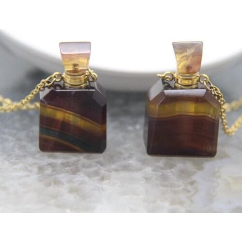 Natural Fluorite Perfume Bottle Pendant Yellow Rainbow Fluorite Crystals Essential Oil Diffuser Vial Charms Necklace Jewelry