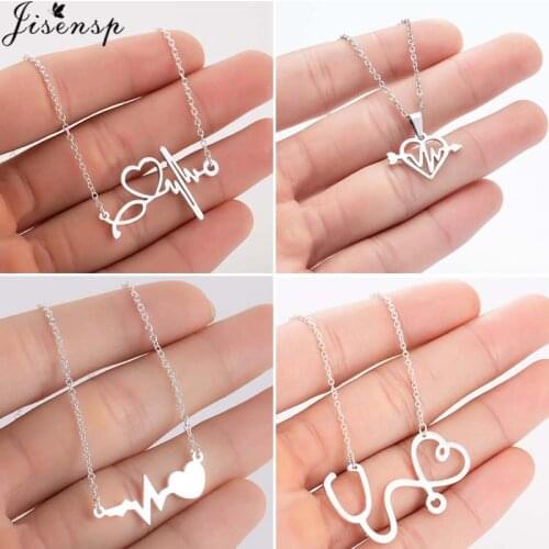 Jisensp Stainless Steel Heartbeat Pendant Necklace Romantic Heart Charm Necklace Fashion Jewelry for Women Party Gift bijoux