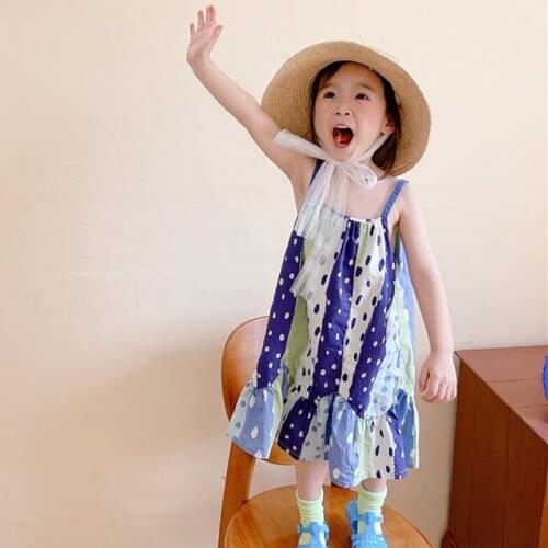 Girls Suspender Dress 2021 Summer Female Treasure Polka Dot Wave Dot Abstract Color Matching Ruffled Mid-Length Princess Dress