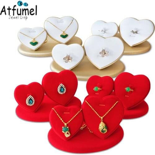 Fashion Double Heart Shape Pendant Jewelry Storage Stand Red Velvet Wedding Holiday Double Ring Display Organizer Stand Holder