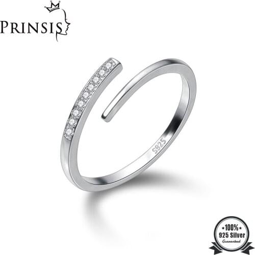 PrinSis Genuine 925 Sterling Silver Minimalist Fashion Dazzling CZ Opening Ring For Women Wedding Mothers Day Jewelry DD913